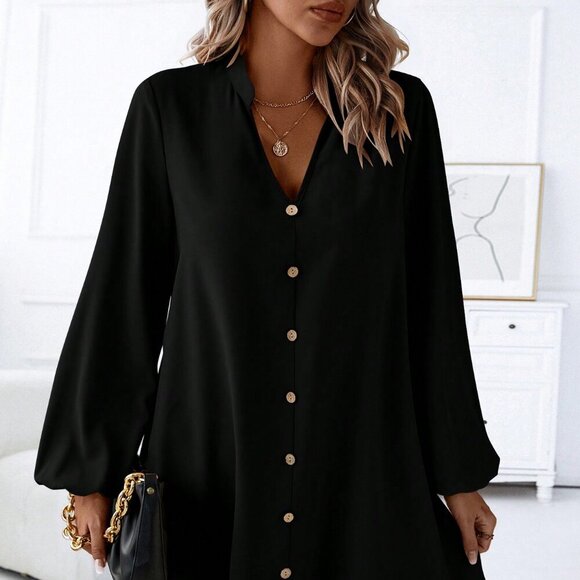 Black Casual Women's Button Front Lantern Sleeve Dress - Picture 1 of 7